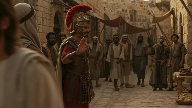 Jesus Christ and a Roman man in legionary armor facing each other during ancient biblical times. Historical reenactment footage.