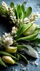 Obraz premium Elegant Arrangement Featuring White Flowers, Green Leaves, and Fresh Herbs on a Textured Surface