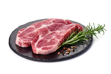 Raw pork steaks, isolated on white background.