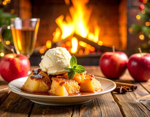 Warm apple dessert near fireplace