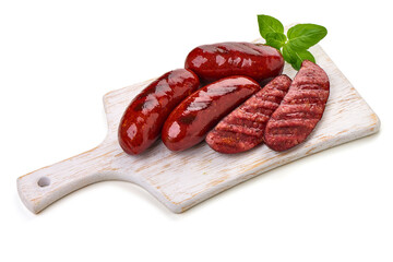 Roasted bbq sausages, isolated on white background