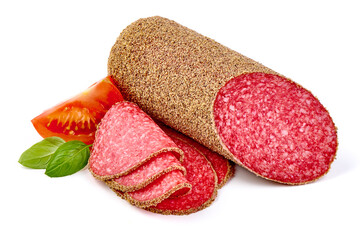 Peppered Salami sausage, isolated on white background