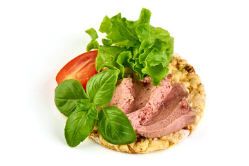 Rice cake with liver pate, isolated on white background
