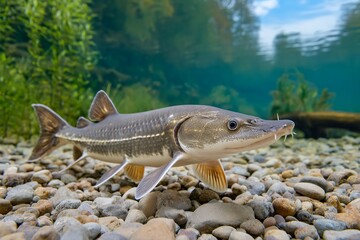 Close-up of a sturgeon in a clear freshwater river