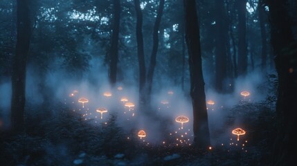 Mushrooms glow softly in a forest at dusk creating a magical atmosphere among the trees