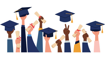 Diverse group of graduates celebrating with caps and diplomas raised in the air vector illustration