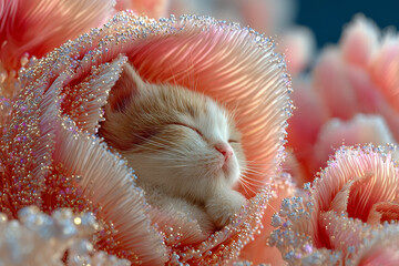 Hyperrealistic tiny kitten sleeping curled inside flower bud with velvet fur and glowing pastel tones in serene micro forest world Generative AI