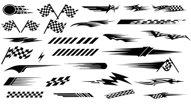 Dynamic racing decals collection with checkered flags and speed lines vector illustration
