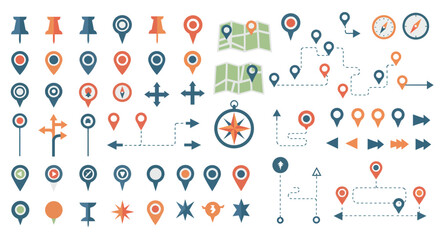 Fototapeta premium Variety of navigation icons for maps and directions with pins, arrows, and compasses vector illustration