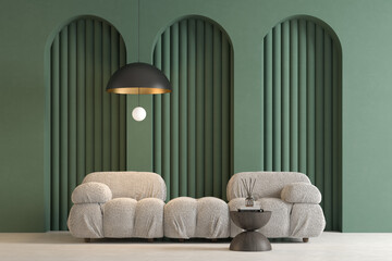 Memphis style conceptual interior room 3d illustration