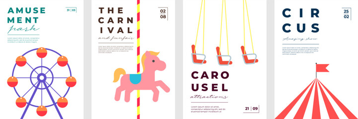 Colorful flat vector set of circus and amusement park posters. Features carousel, rollercoaster, ferris wheel, and festive elements. Perfect for kids events, city fairs, and summer celebrations.