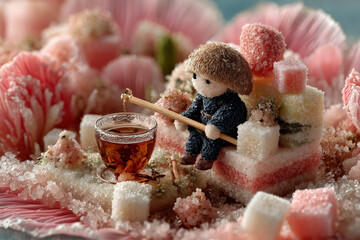 Micro tea party with tiny felt and candy creatures on flower petal, ultra-detailed fur, sugar crystals and porcelain in dreamy natural light Generative AI