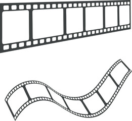 Fototapeta premium Monochrome Film Strip Illustration with Straight and Curved Strips Featuring Empty Frames and Classic Perforated Edges, vector film strip