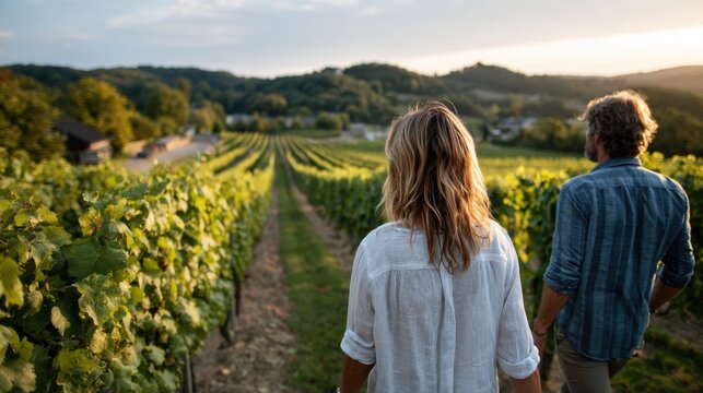 A couple strolls hand in hand through a lush vineyard during sunset, surrounded by rolling hills and rows of grapevines, creating a serene atmosphere perfect for relaxation.