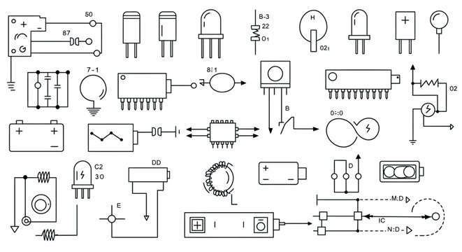 Comprehensive collection of electronic circuit symbols and components vector illustration