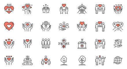 Charity symbols: unity, support, and compassion icons with hearts vector illustration