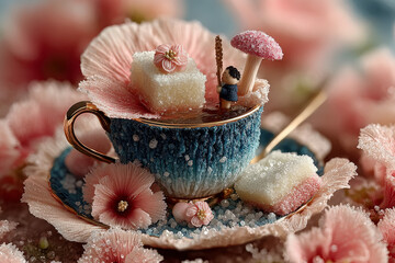 Micro tea party with tiny felt and candy creatures on flower petal, ultra-detailed fur, sugar crystals and porcelain in dreamy natural light Generative AI