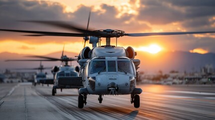 Various military helicopters are seen taking off on an airstrip as the sun sets, creating a dramatic backdrop. The scene captures action and teamwork during training exercises.