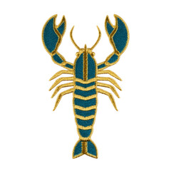 Detailed embroidered patch of lobster in blue and gold colors, showcasing intricate stitching and design. patch is isolated on transparency background, highlighting its craftsmanship