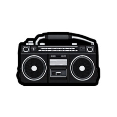 Vintage black boombox with dual speakers and detailed controls evokes nostalgia and retro vibes. classic design highlights its iconic status in music history
