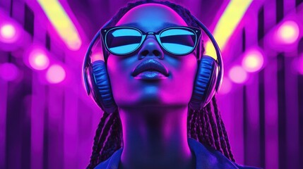 Happy cool fashion funky African young black hipster lady wears trendy glasses headphones listening dance pop dj music standing in neon night club light at style party. Translation: Chicken laugh ill