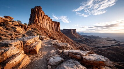 Sunlight casts a warm glow on towering rock formations and rugged terrain, showcasing the beauty of nature in a serene canyon during early evening hours.