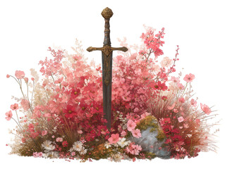 Sword Surrounded by Vibrant Pink and White Flowers in a Dreamy Setting