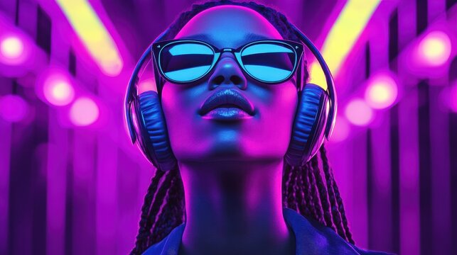 Happy cool fashion funky African young black hipster lady wears trendy glasses headphones listening dance pop dj music standing in neon night club light at style party. Translation: Chicken laugh ill