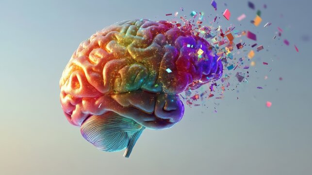 A colorful, shattered human brain with pieces flying away.