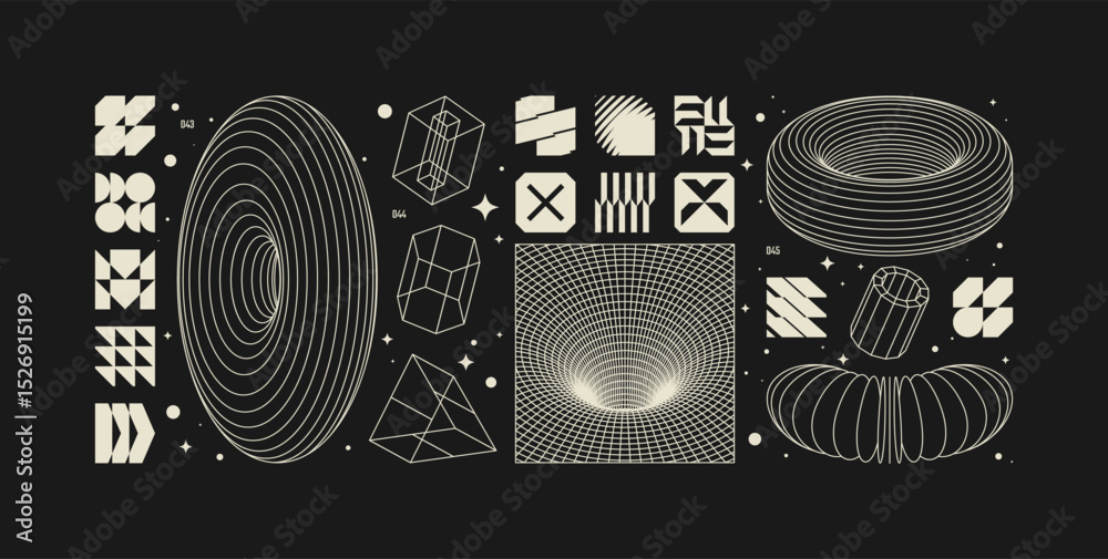 Aufkleber Vector graphic assets kit acid style, Postmodern abstract geometric shapes with wireframe elements of different forms, Y2K trendy design in brutalism aesthetic, template symbols set 15