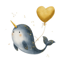 Cute Narwhal with Heart Balloon in Watercolor Style Isolated on Black Background
