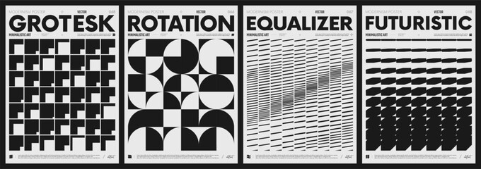 Modern abstract poster collection, vector minimalist posters with geometric shapes in black and white, brutalist style inspired graphics, bold aesthetic, shape distortion effect set 17