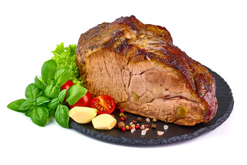 Roasted pork shoulder, isolated on white background.