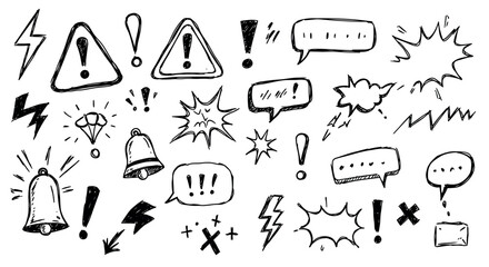 Hand-drawn doodle set of speech bubbles and symbols vector illustration