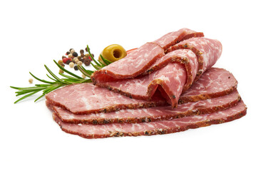 Cured meat slices, isolated on white background.