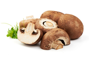 Fresh brown portobello mushrooms, isolated on white background.