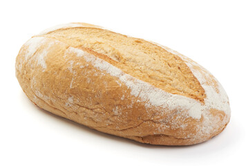 Rustic wheat bread loaf, isolated on white background.