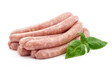 Raw pork sausages, isolated on white background.