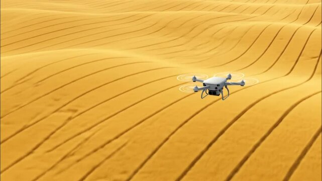 Drone hovering over golden wheat field with parallel lines in rural agriculture scene. Seamless looping 4k time-lapse animation video background