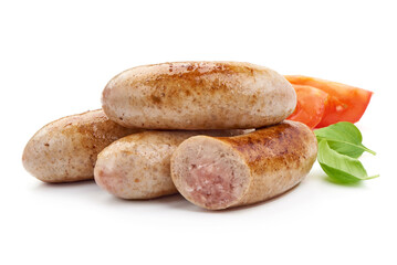 Grilled sausages pile, isolated on white background.