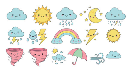 Fototapeta premium Cute weather icons: sun, clouds, moon, tornado, rainbow, umbrella vector illustration