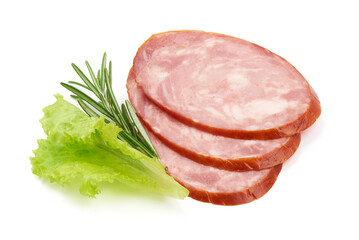 Smoked ham sausage, isolated on white background.