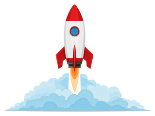 Rocket Launching with Clouds and Flames in a Colorful Design Style