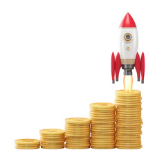 Rocket Launching from Stacked Gold Coins Illustrating Financial Success