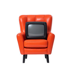 Obraz premium Retro television sits on vibrant orange armchair, creating nostalgic and stylish contrast. vintage TV and modern chair evoke sense of timeless design