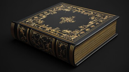 Fototapeta premium A black book with gold designs on the cover.