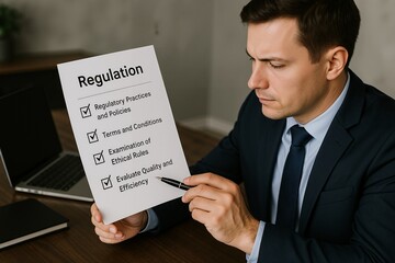 A Focused Businessman Reviewing Regulatory Guidelines and Documentation in a Modern Office Setting