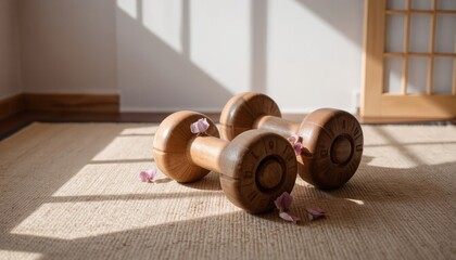 Wooden dumbbells with flower petals on woven mat in bright indoor fitness space