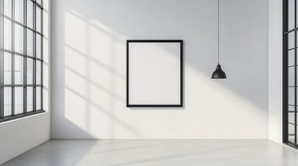 A black picture frame on a white wall provides a perfect blank canvas for displaying artwork, photos, or posters in a modern and minimalist setting