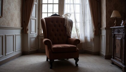 Elegant vintage armchair in softly lit room with draped curtains and classic decor